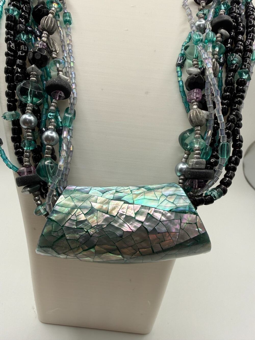 Coldwater Creek Multi Strand Beaded Necklace Abalone Pendant Blue Black Silver